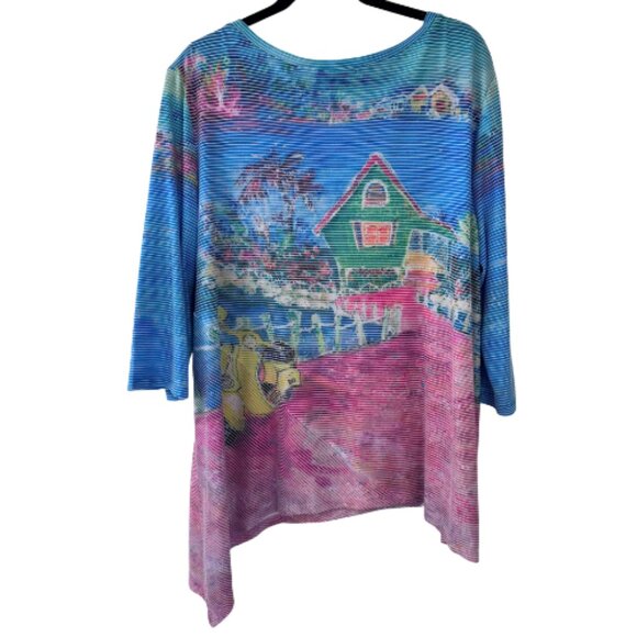 Leoma Lovegrove Tropical Beach House Art Rhinestone Asymmetrical Top Women's XXL - Picture 3 of 6